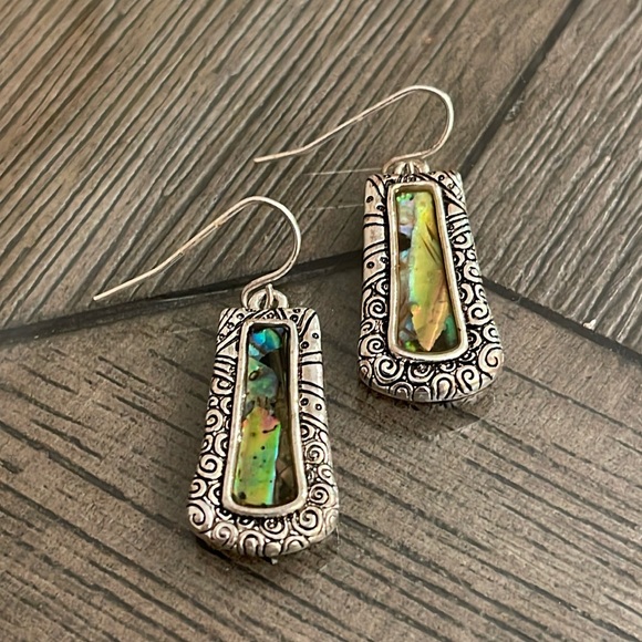 Vintage Jewelry - Scroll Edge Silver-tone Abalone Dangle Earrings
